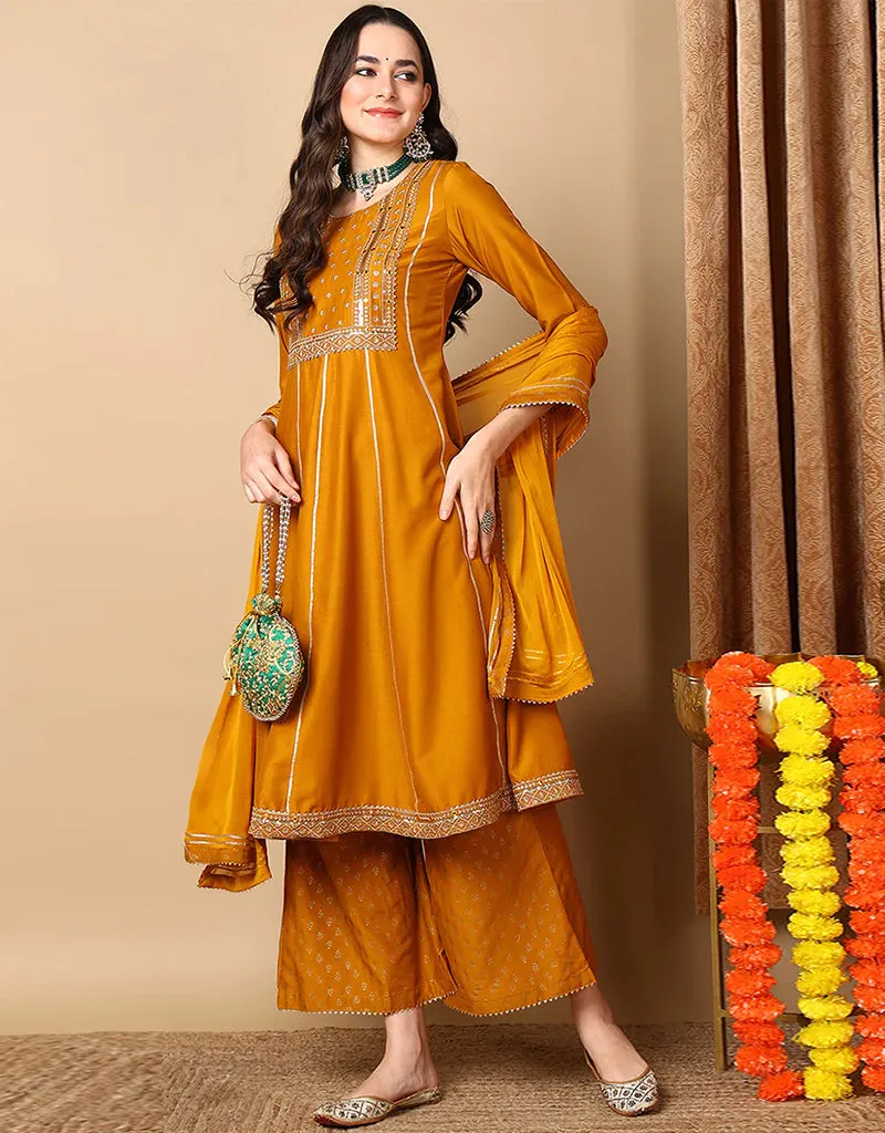 Anarkali Suit With Plazo Pant Rich Gold Blended Silk Pant Suit