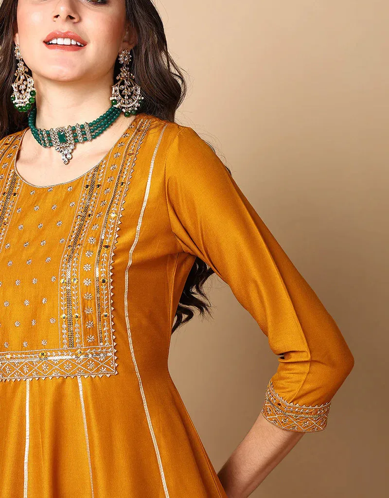 Anarkali Suit With Plazo Pant Rich Gold Blended Silk Pant Suit