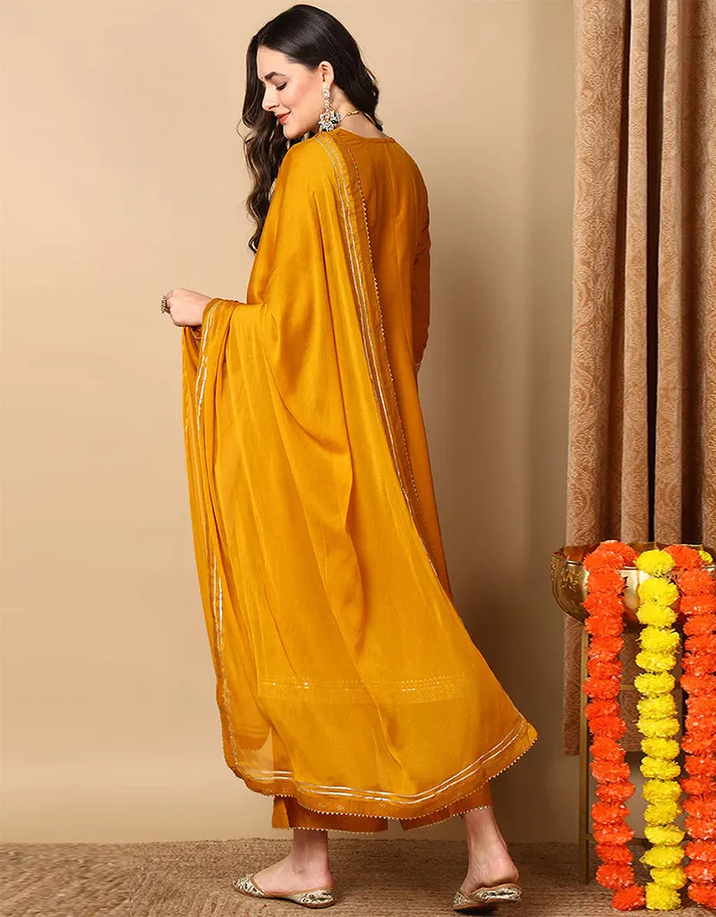 Anarkali Suit With Plazo Pant Rich Gold Blended Silk Pant Suit