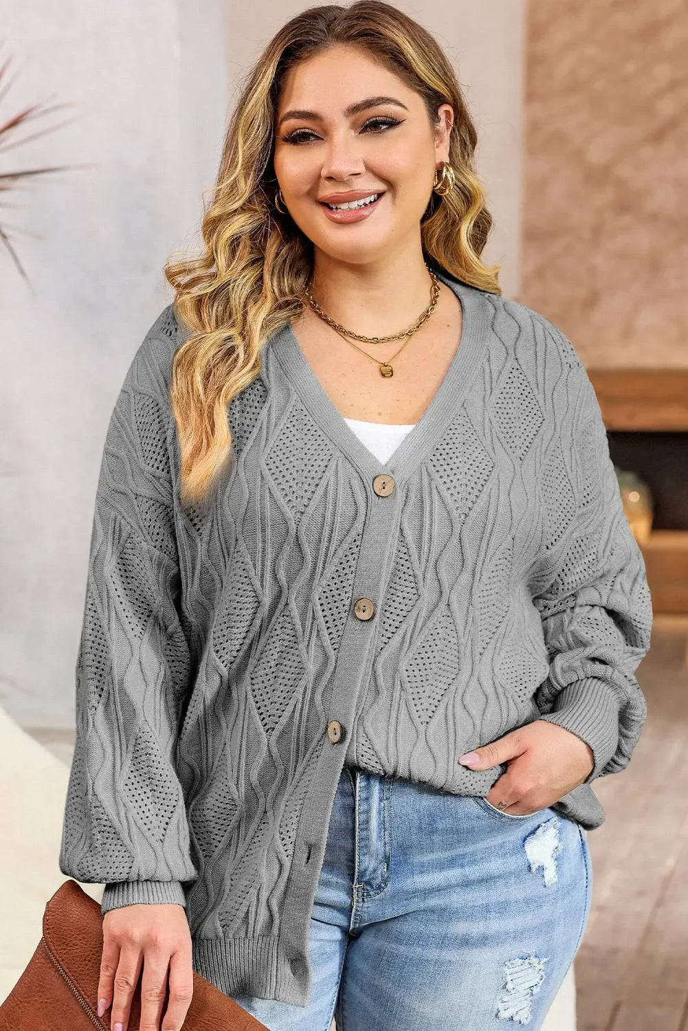 Apricot Plus Size Knit Button Up Cardigan