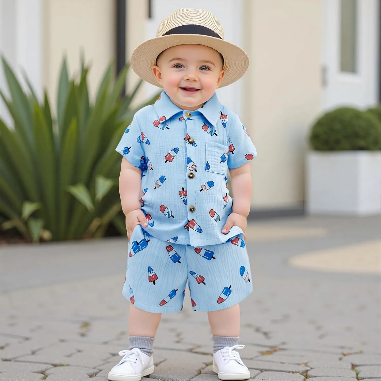 Baby Boy 4th of July Clothes Popsicle Muslin Button Down Short Sleeve Shirts and Shorts Set Toddler Patriotic Outfit