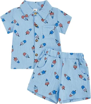 Baby Boy 4th of July Clothes Popsicle Muslin Button Down Short Sleeve Shirts and Shorts Set Toddler Patriotic Outfit