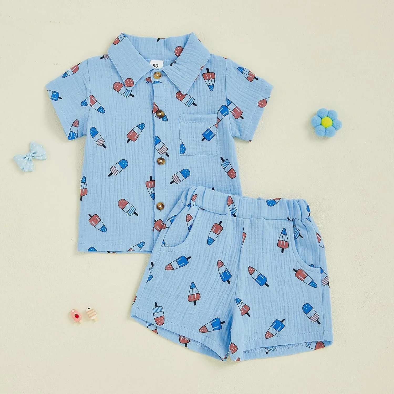 Baby Boy 4th of July Clothes Popsicle Muslin Button Down Short Sleeve Shirts and Shorts Set Toddler Patriotic Outfit