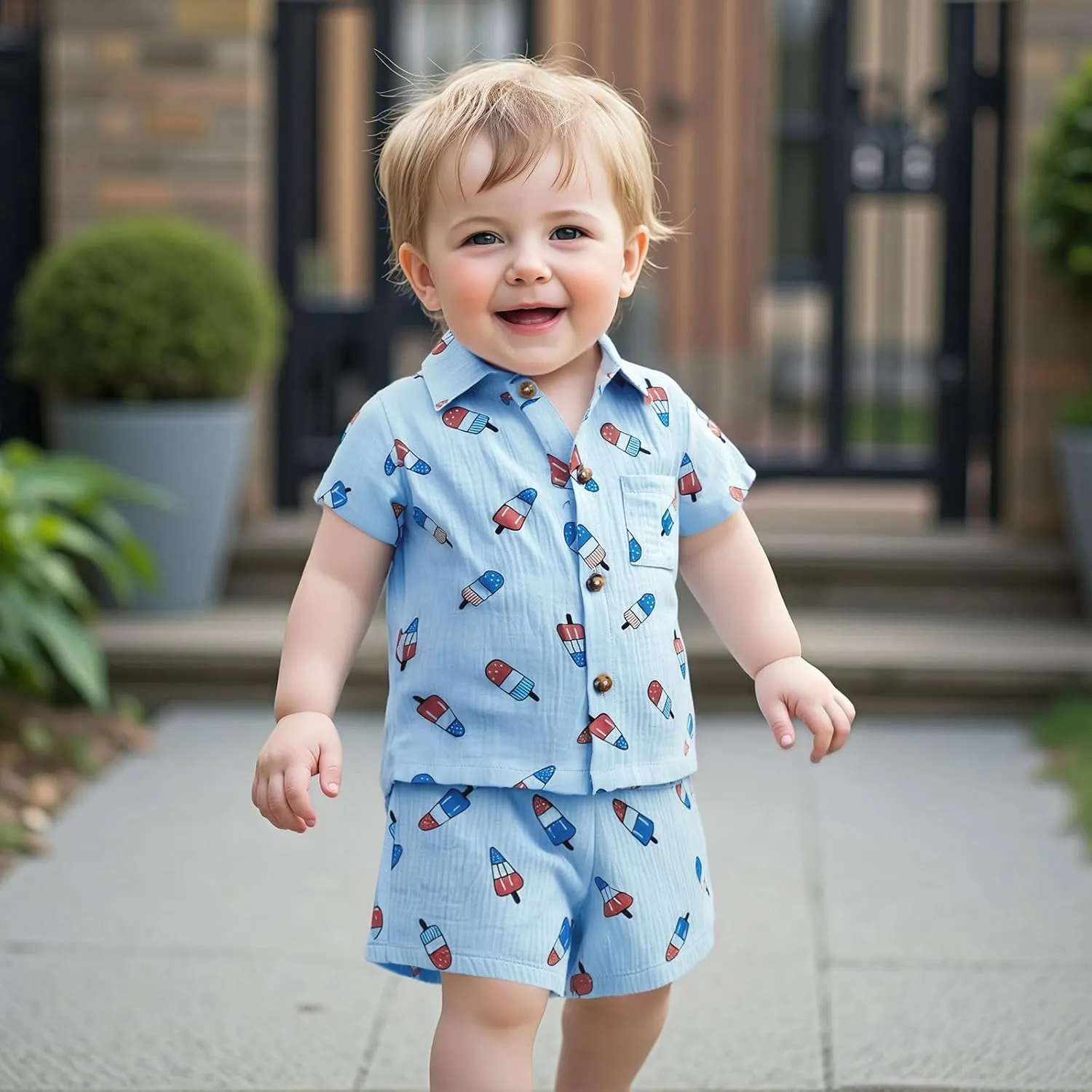 Baby Boy 4th of July Clothes Popsicle Muslin Button Down Short Sleeve Shirts and Shorts Set Toddler Patriotic Outfit