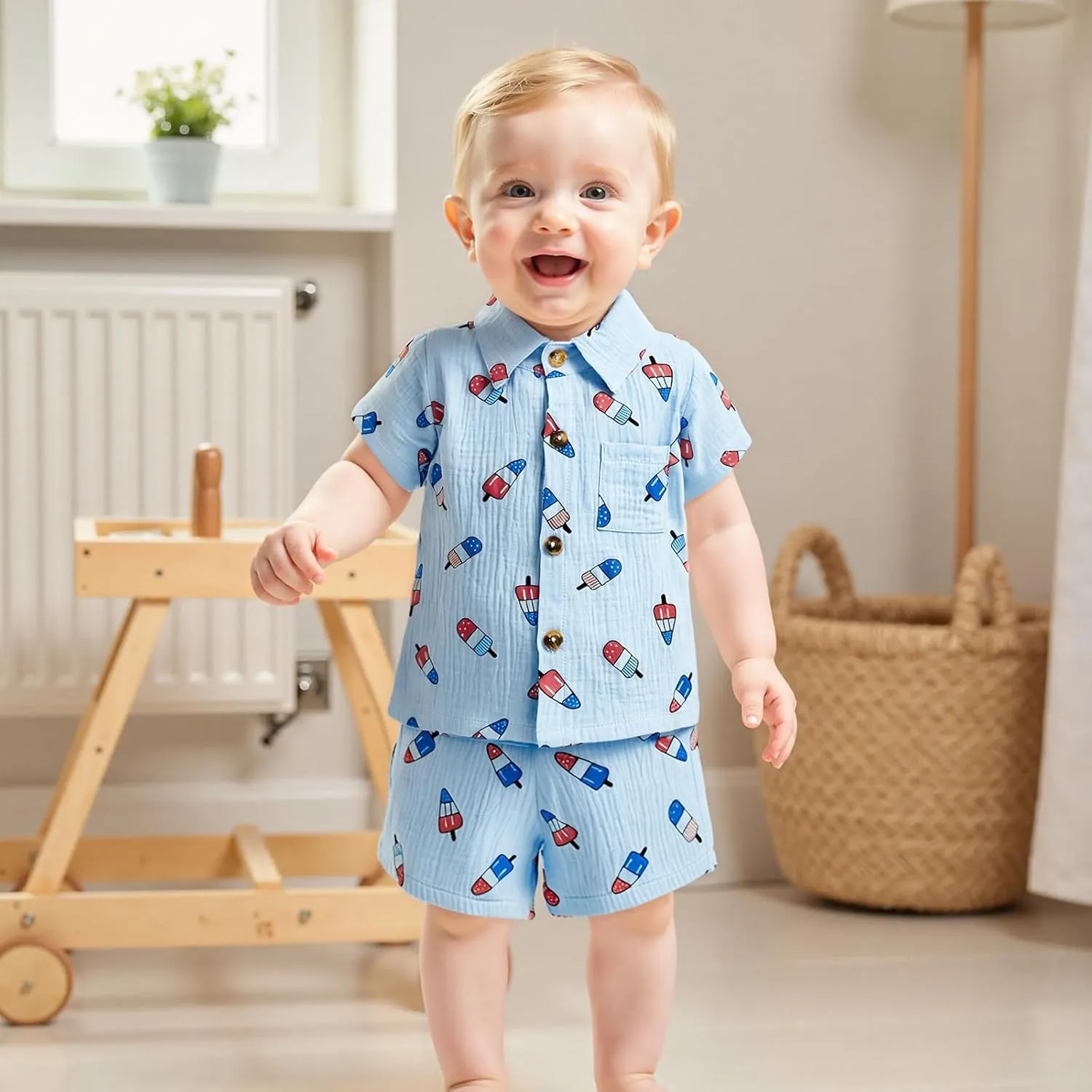 Baby Boy 4th of July Clothes Popsicle Muslin Button Down Short Sleeve Shirts and Shorts Set Toddler Patriotic Outfit