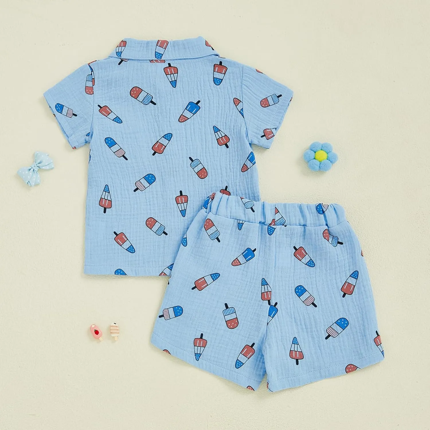 Baby Boy 4th of July Clothes Popsicle Muslin Button Down Short Sleeve Shirts and Shorts Set Toddler Patriotic Outfit