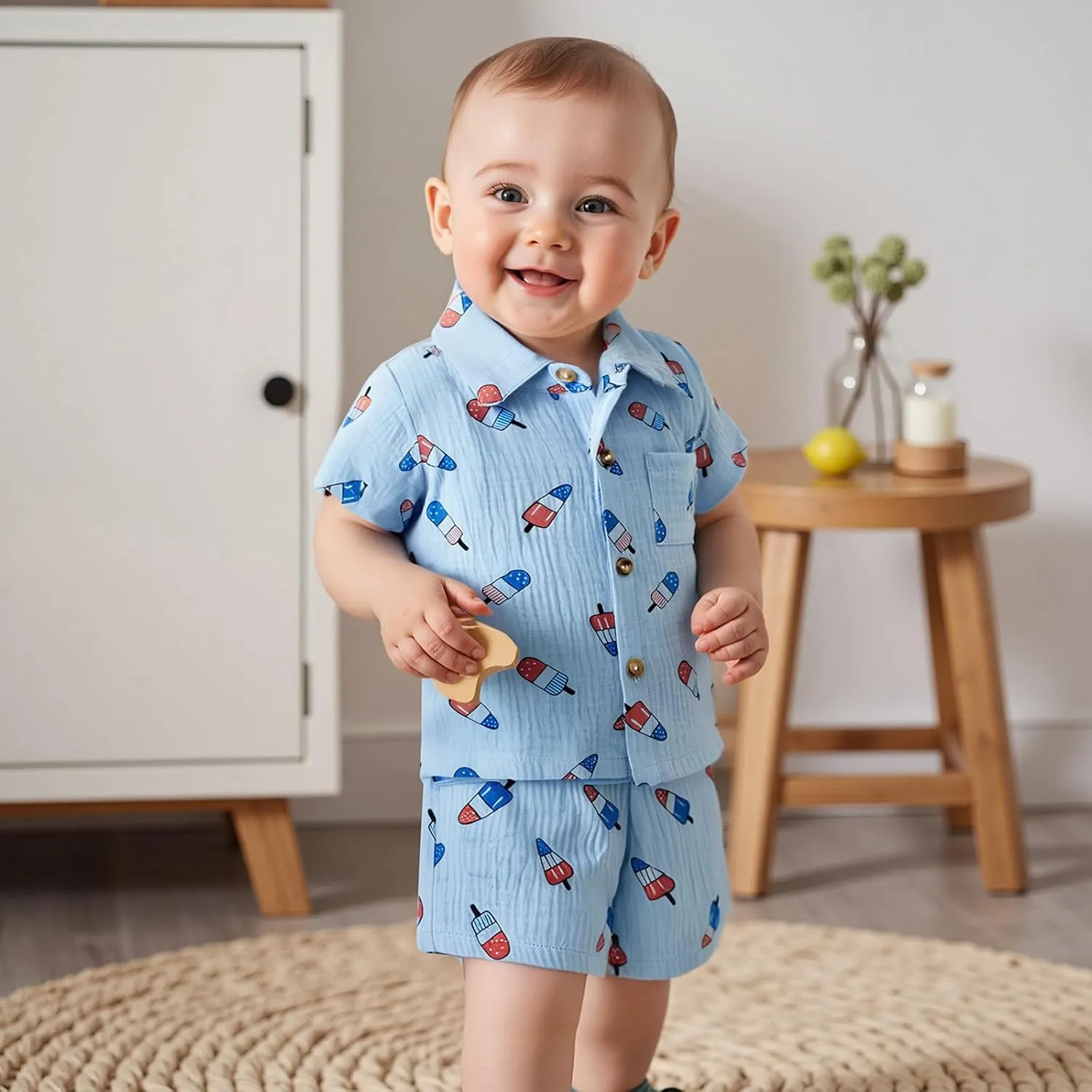 Baby Boy 4th of July Clothes Popsicle Muslin Button Down Short Sleeve Shirts and Shorts Set Toddler Patriotic Outfit