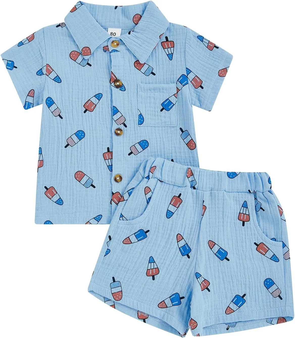 Baby Boy 4th of July Clothes Popsicle Muslin Button Down Short Sleeve Shirts and Shorts Set Toddler Patriotic Outfit
