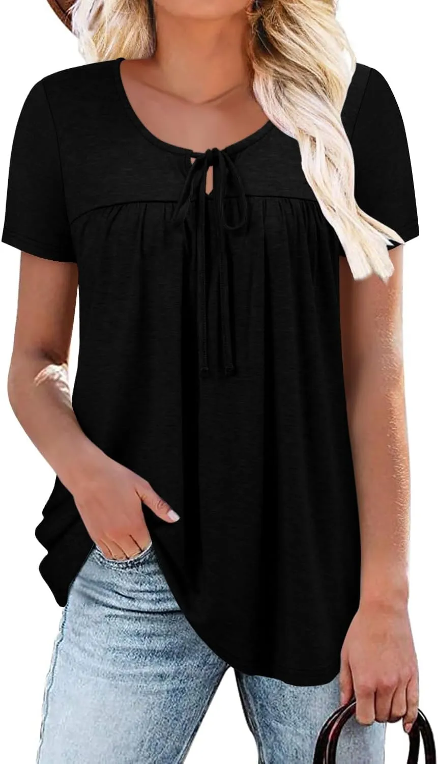 BETTE BOUTIK Womens Summer Tops Pleated Corded Short Sleeve Tunic Shirts Crewneck Blouses Tops S-3XL