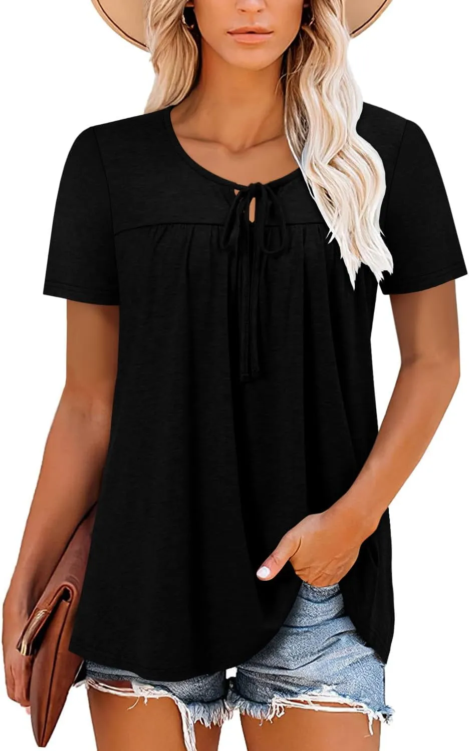 BETTE BOUTIK Womens Summer Tops Pleated Corded Short Sleeve Tunic Shirts Crewneck Blouses Tops S-3XL