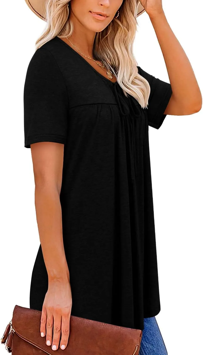 BETTE BOUTIK Womens Summer Tops Pleated Corded Short Sleeve Tunic Shirts Crewneck Blouses Tops S-3XL