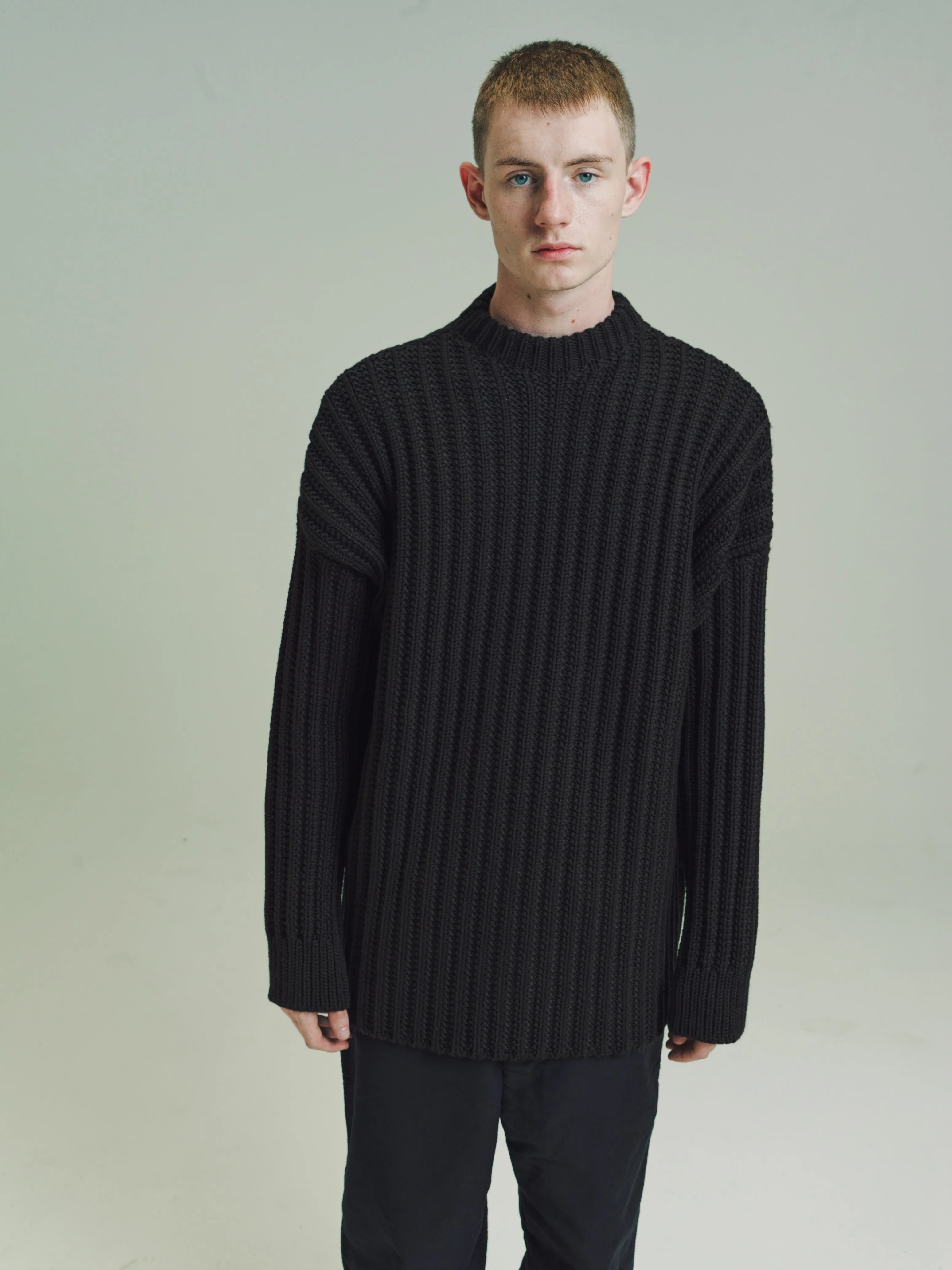 Brown Merino Wool Crew Neck Open Knit Sweater