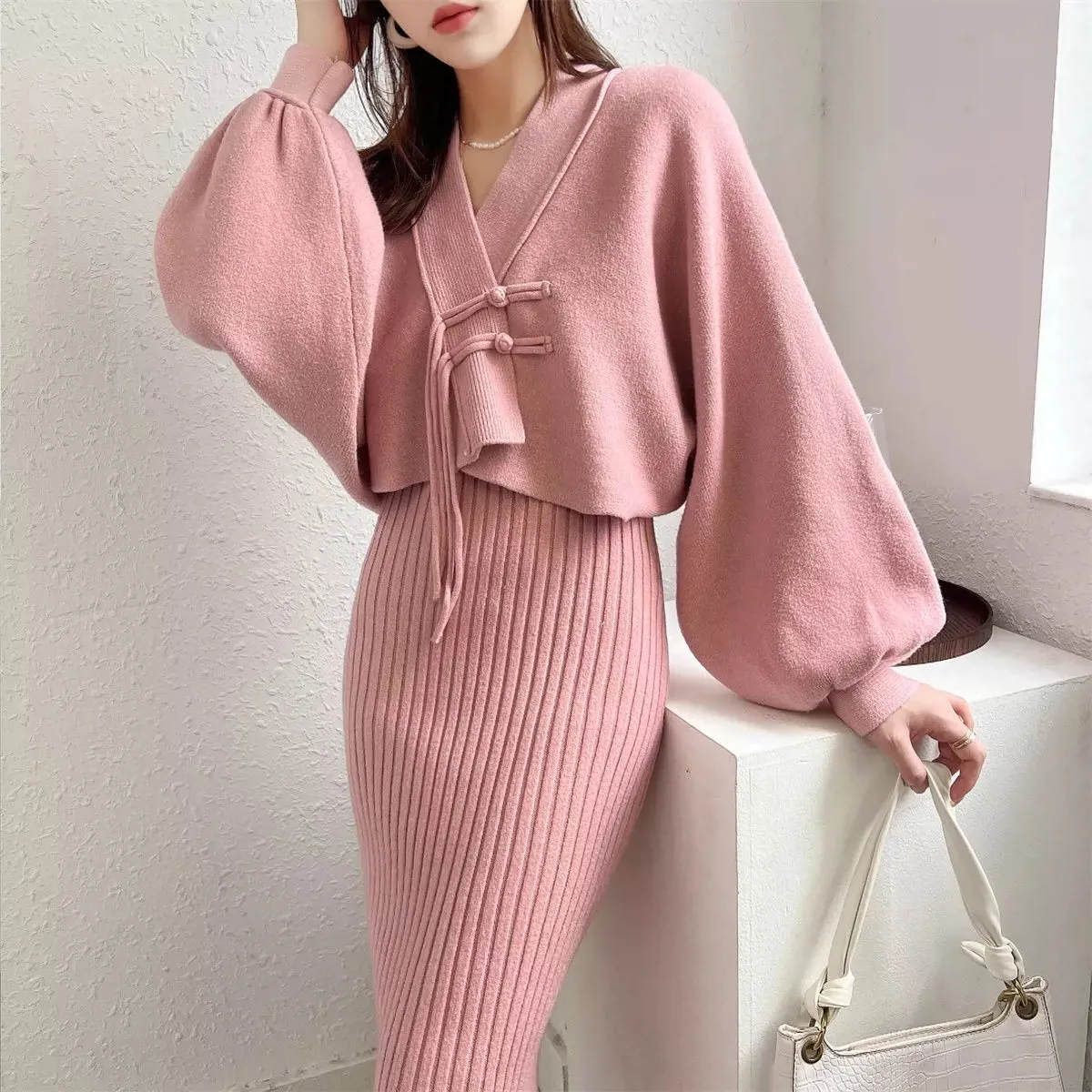 Elegant Knitted  Cashmere  Two-Piece Set with Cardigan& Dress