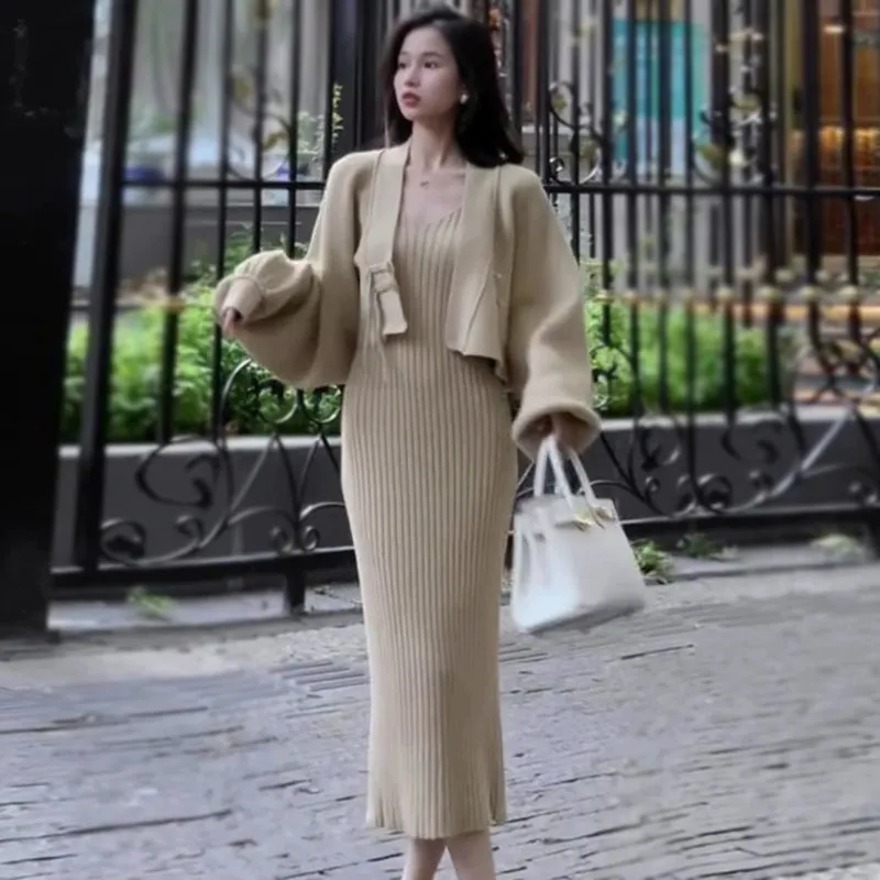 Elegant Knitted  Cashmere  Two-Piece Set with Cardigan& Dress