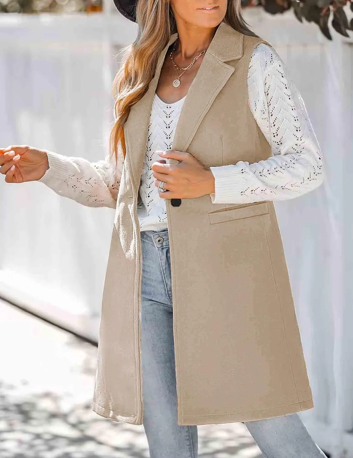 IDEALSANXUN Wool Long Vest for Women Sleeveless Blazer Jacket Fall Winter Trench Coat Waistcoat