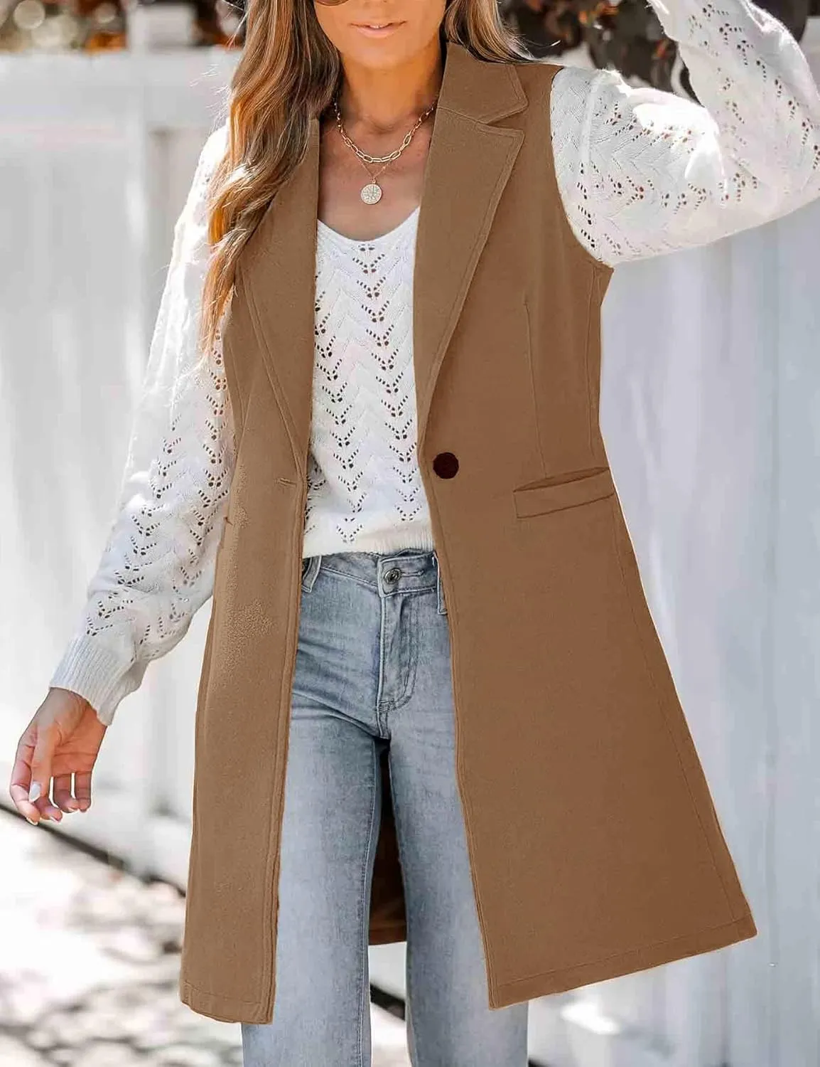 IDEALSANXUN Wool Long Vest for Women Sleeveless Blazer Jacket Fall Winter Trench Coat Waistcoat