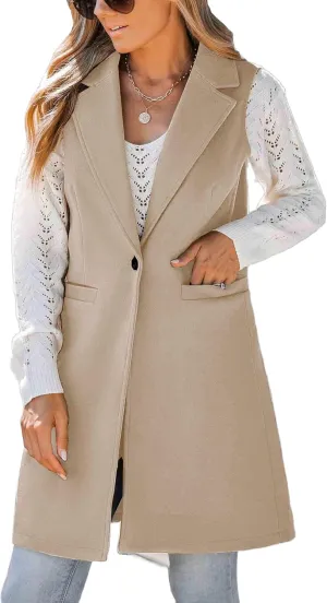 IDEALSANXUN Wool Long Vest for Women Sleeveless Blazer Jacket Fall Winter Trench Coat Waistcoat