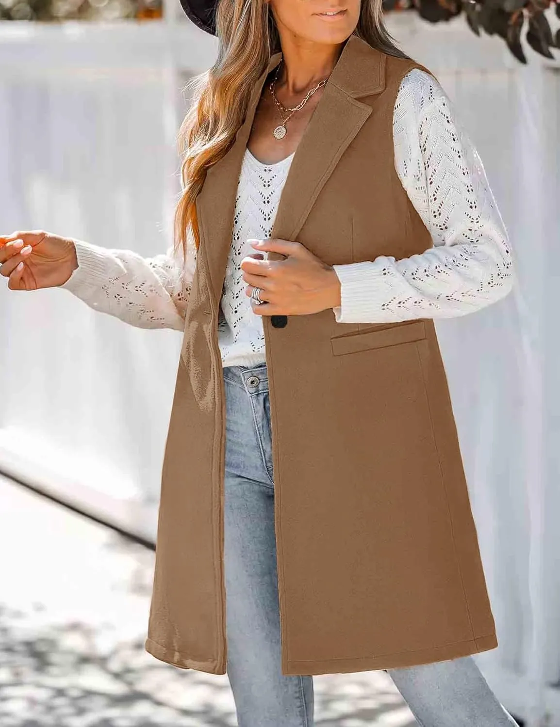 IDEALSANXUN Wool Long Vest for Women Sleeveless Blazer Jacket Fall Winter Trench Coat Waistcoat