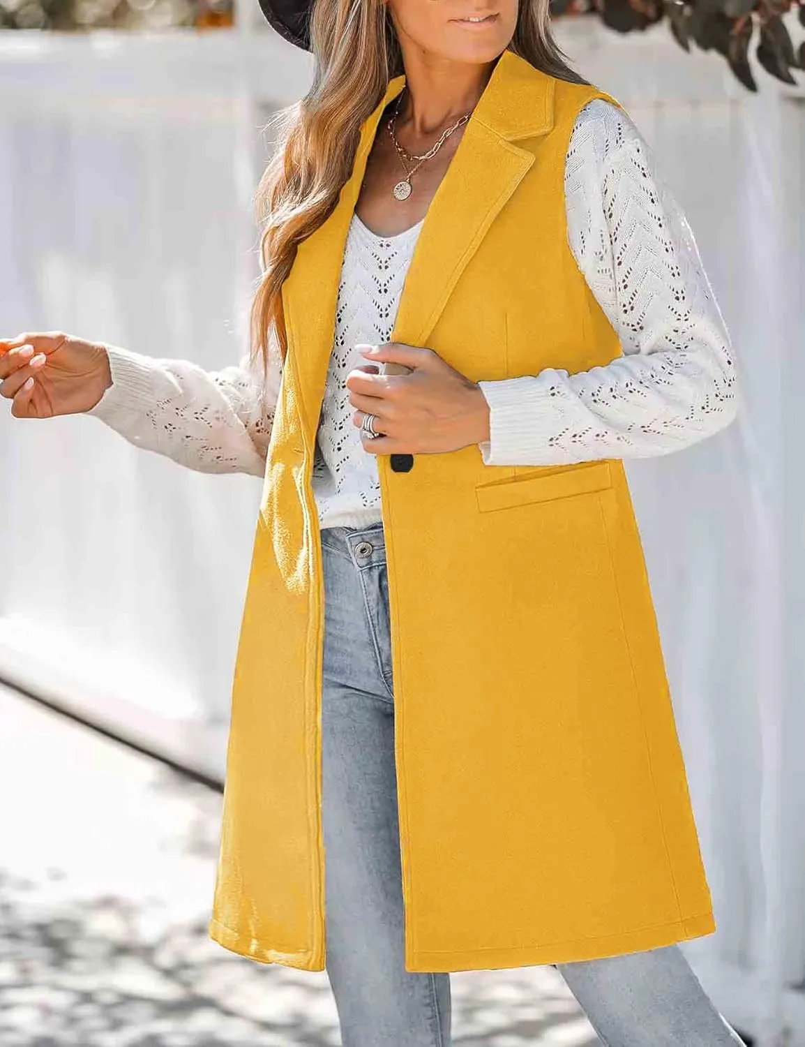 IDEALSANXUN Wool Long Vest for Women Sleeveless Blazer Jacket Fall Winter Trench Coat Waistcoat