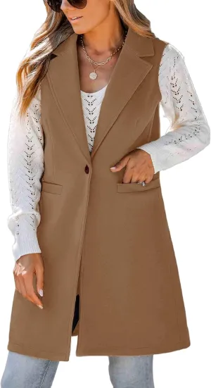 IDEALSANXUN Wool Long Vest for Women Sleeveless Blazer Jacket Fall Winter Trench Coat Waistcoat