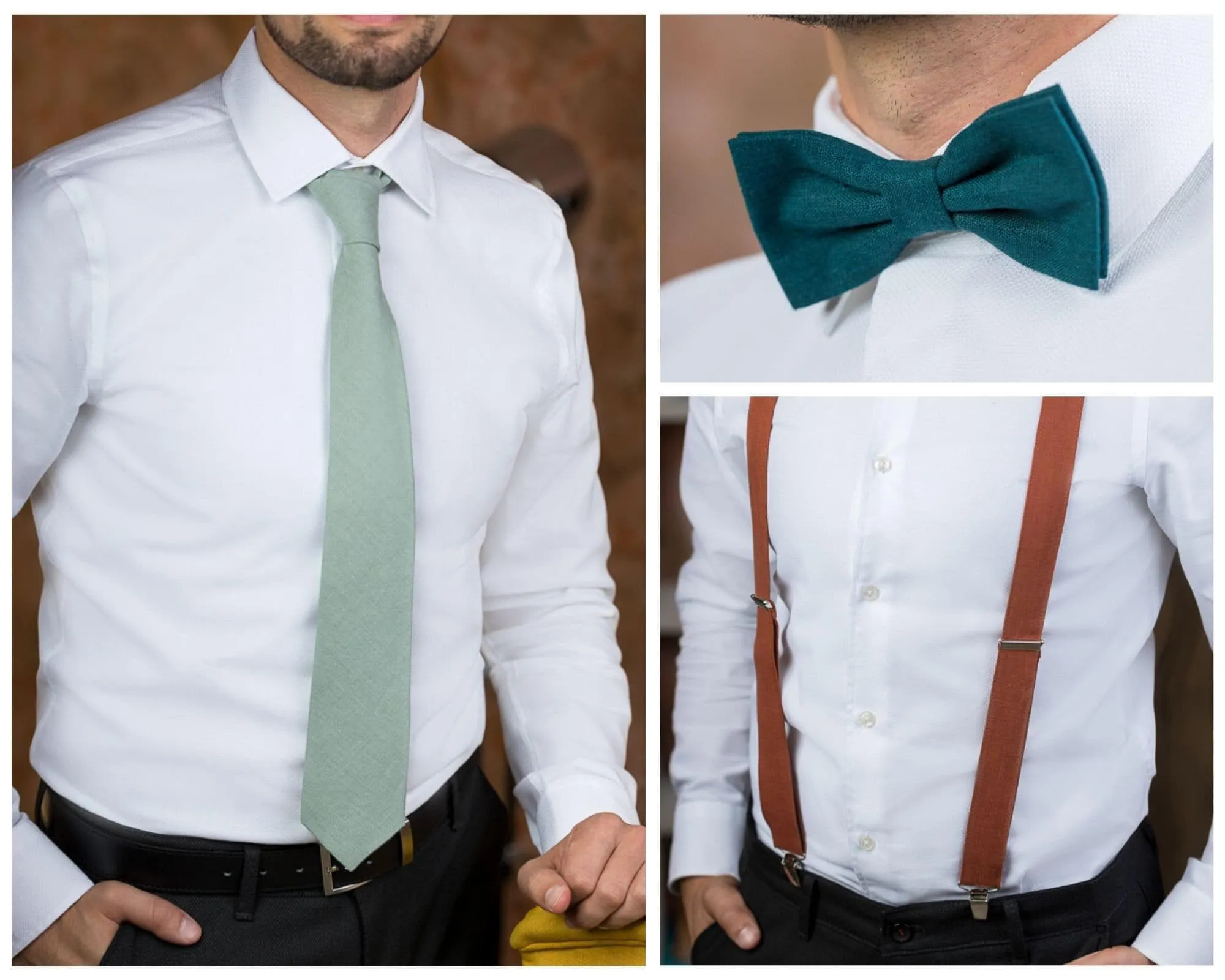 Ivory Linen Cream Bow Tie, Necktie, Suspender & Handkerchief Set for Men and Boys - Perfect for Weddings and Special Occasions