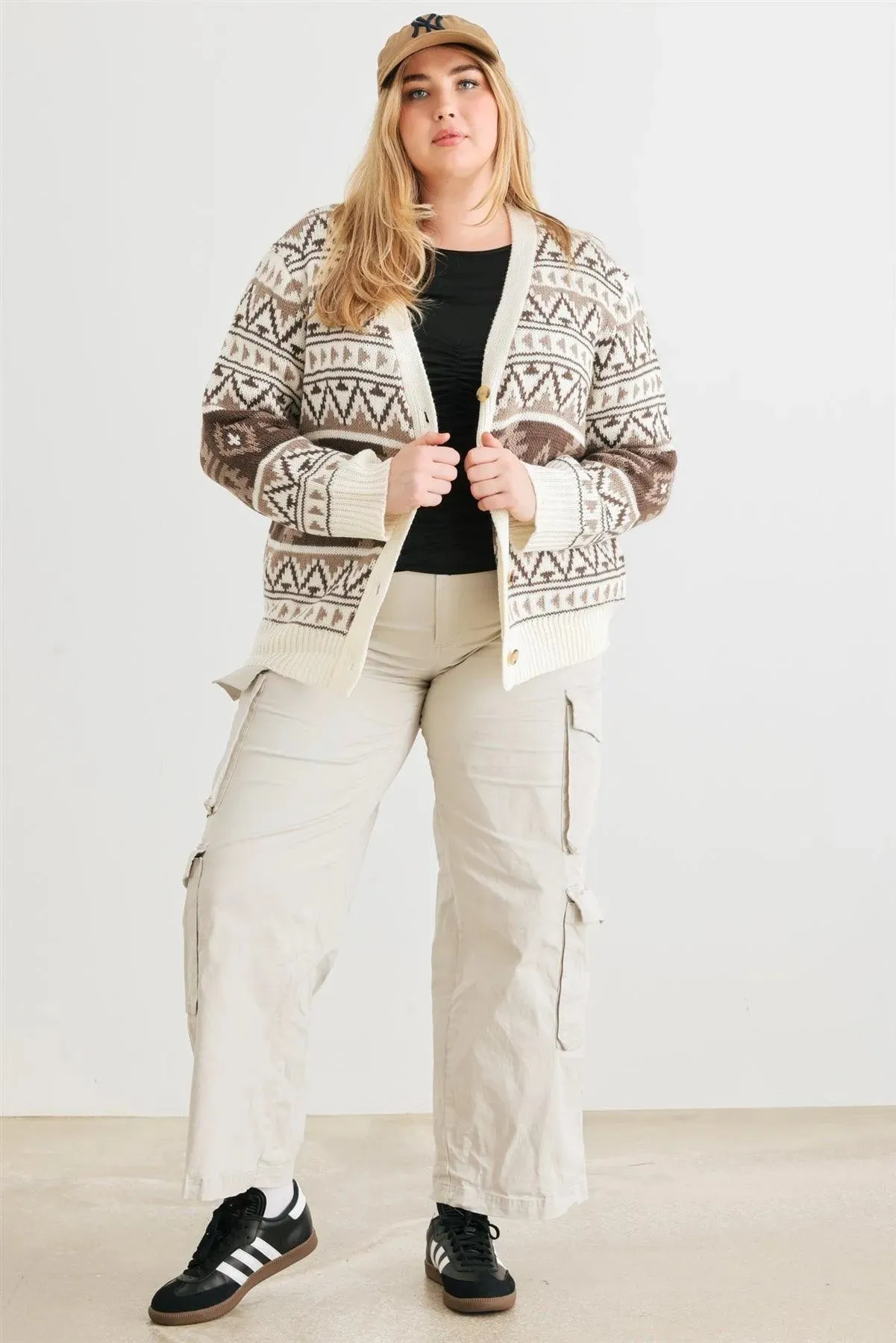 Junior Plus Cream Fair Isle Knit Button-Up Long Sleeve Cardigan Sweater /3-2-1