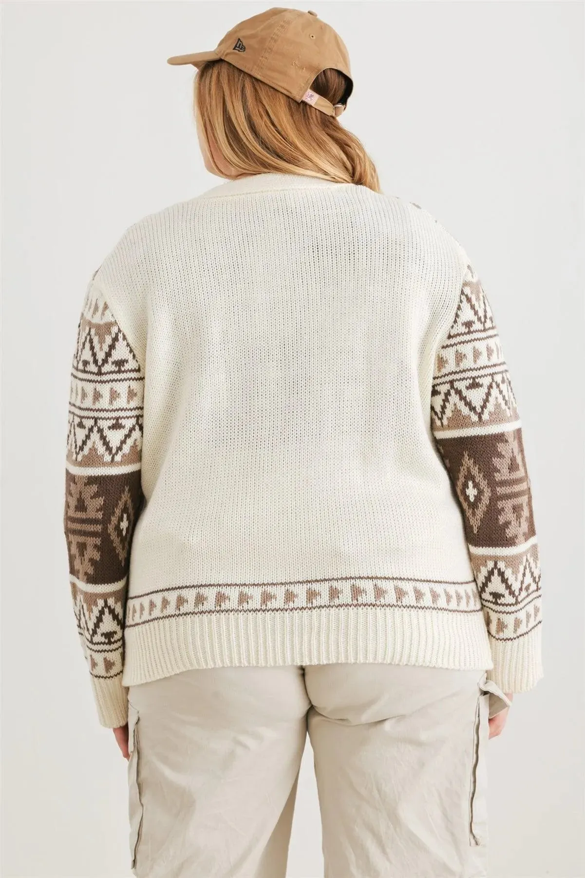 Junior Plus Cream Fair Isle Knit Button-Up Long Sleeve Cardigan Sweater /3-2-1