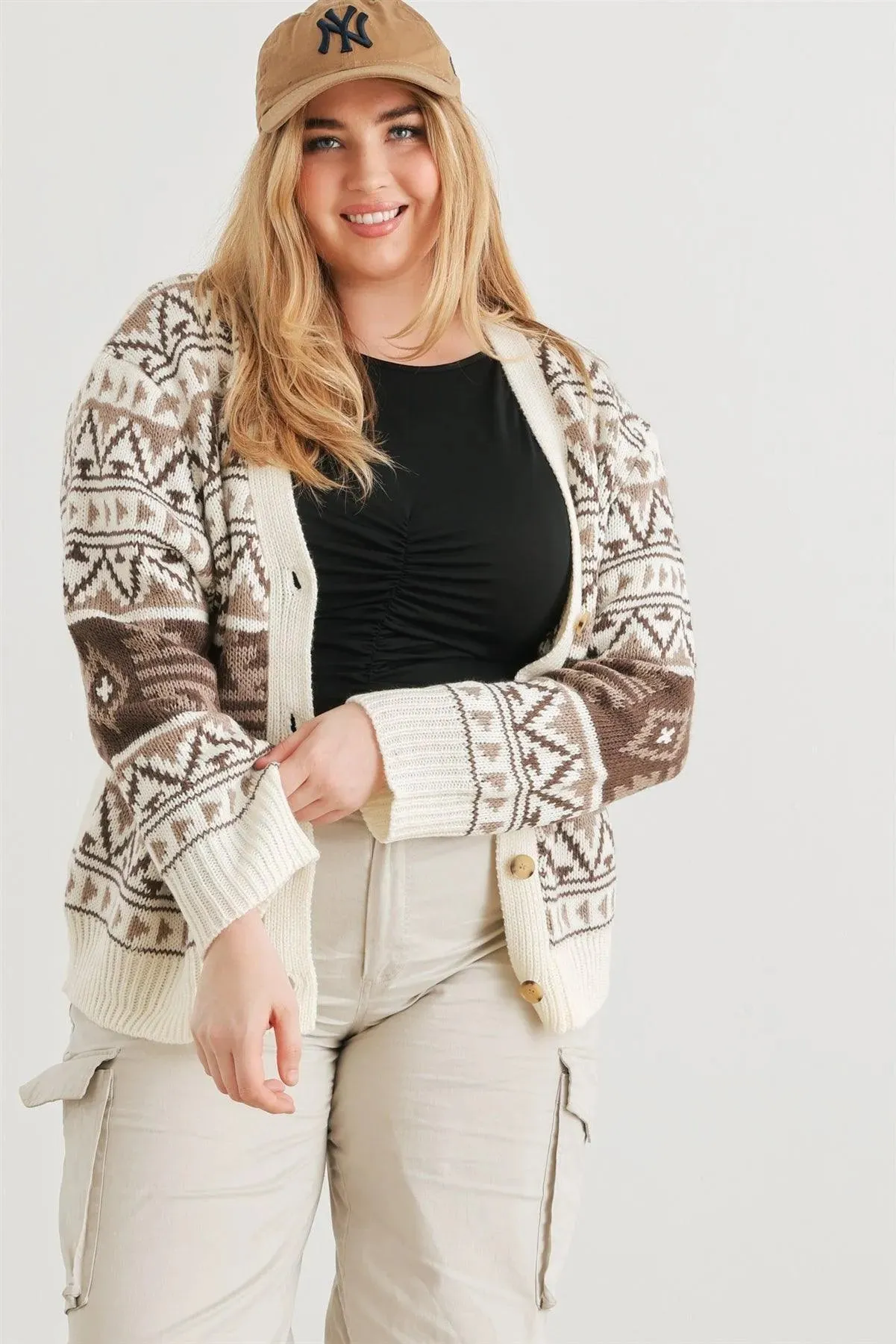 Junior Plus Cream Fair Isle Knit Button-Up Long Sleeve Cardigan Sweater /3-2-1