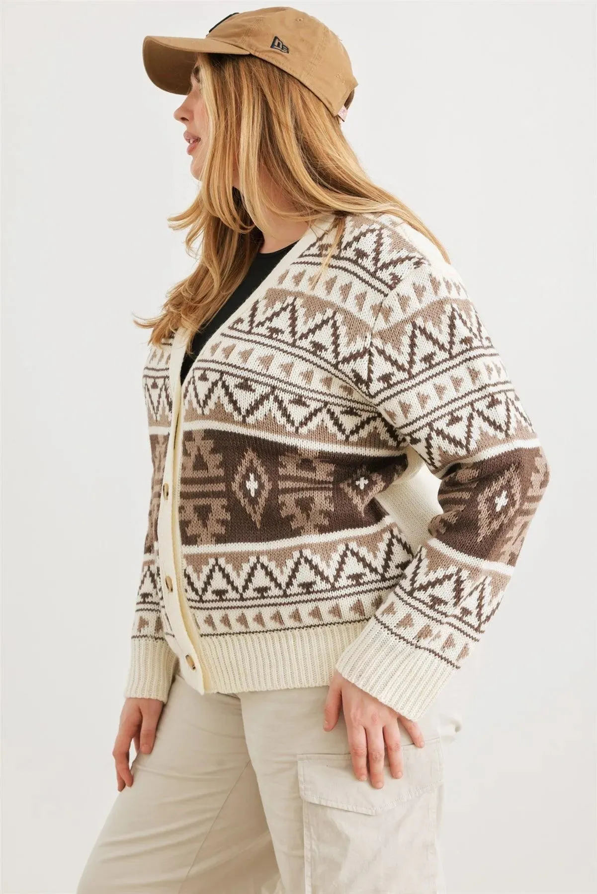 Junior Plus Cream Fair Isle Knit Button-Up Long Sleeve Cardigan Sweater /3-2-1