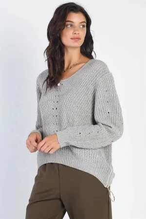 Light Grey Knit Zip-Down Detail Long Sleeve Sweater /4-2