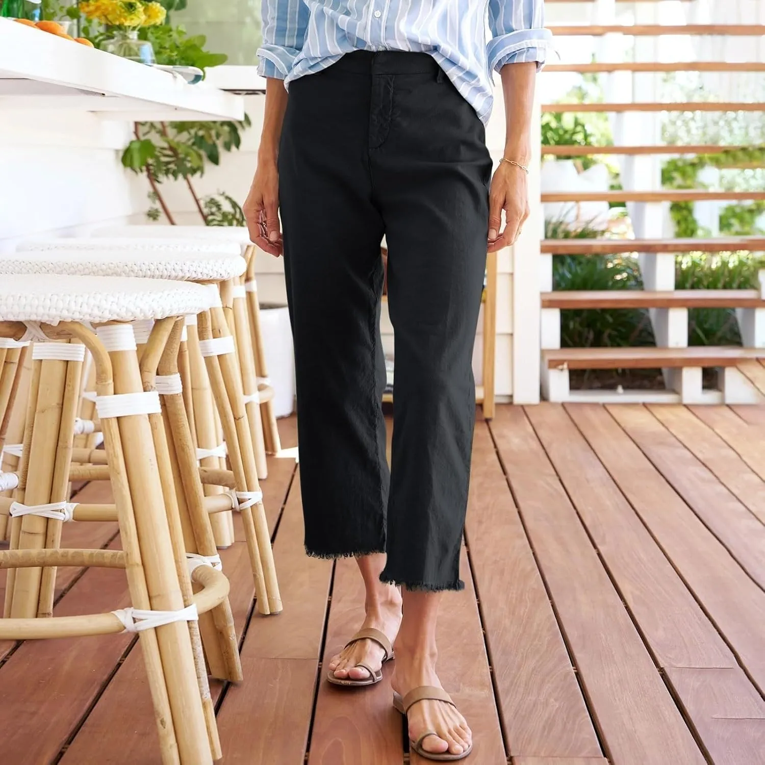 Linen Capris for Women High Waisted Fashion Business Dressy Pants Plus Size Straight Leg Zipper Fly Casual Summer Trousers