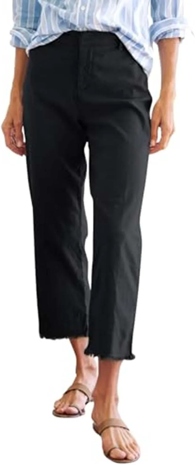 Linen Capris for Women High Waisted Fashion Business Dressy Pants Plus Size Straight Leg Zipper Fly Casual Summer Trousers