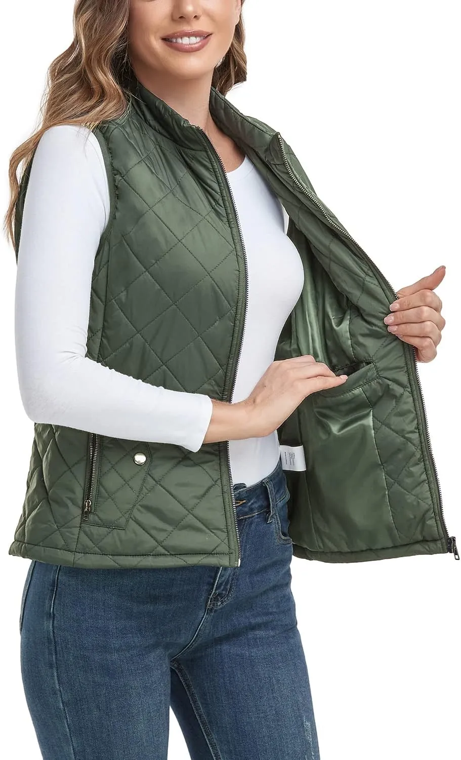 LONGKING 2025 Upgraded, Women's Outwear Vest With One Inner Pocket - Stand Collar Lightweight Zip Quilted Vest for Women