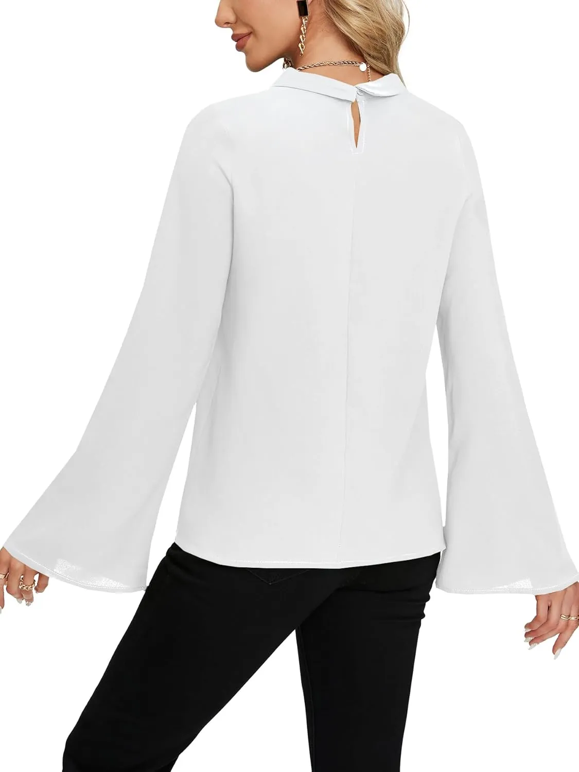 LYANER Women's Elegant Bow Tie Mock Neck Bell Long Sleeve Blouse Shirts Top