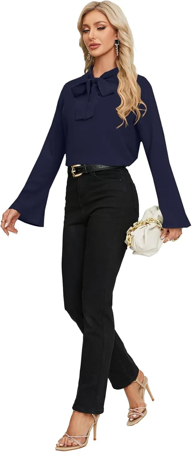 LYANER Women's Elegant Bow Tie Mock Neck Bell Long Sleeve Blouse Shirts Top
