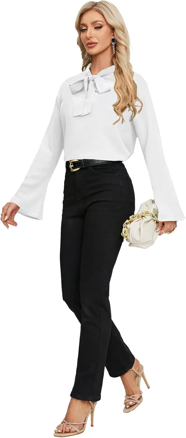 LYANER Women's Elegant Bow Tie Mock Neck Bell Long Sleeve Blouse Shirts Top