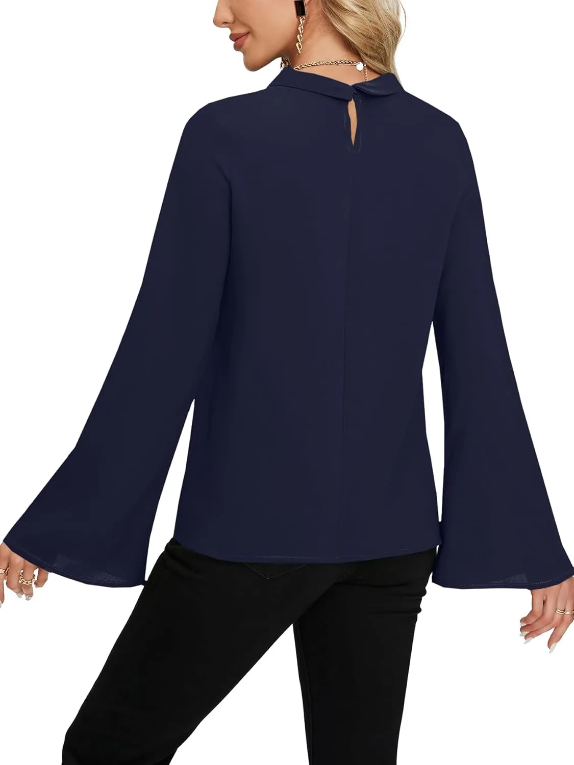 LYANER Women's Elegant Bow Tie Mock Neck Bell Long Sleeve Blouse Shirts Top