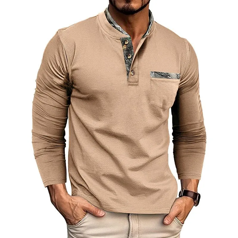 Men's Casual Henley Collar Colorblock Slim Fit Long Sleeve T-Shirt 02184788M