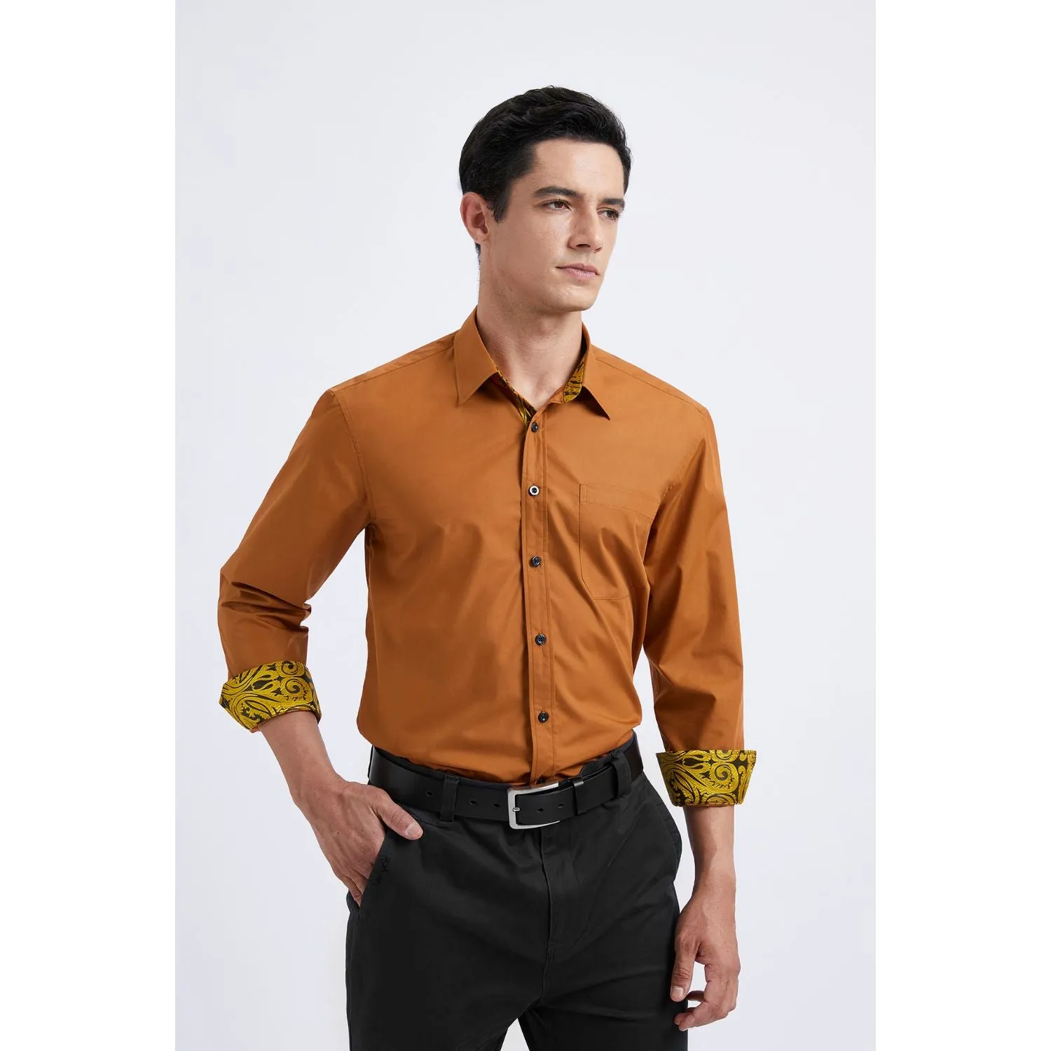 Men's Patchwork Dress Shirt with Pocket - BROWN/PAISLEY