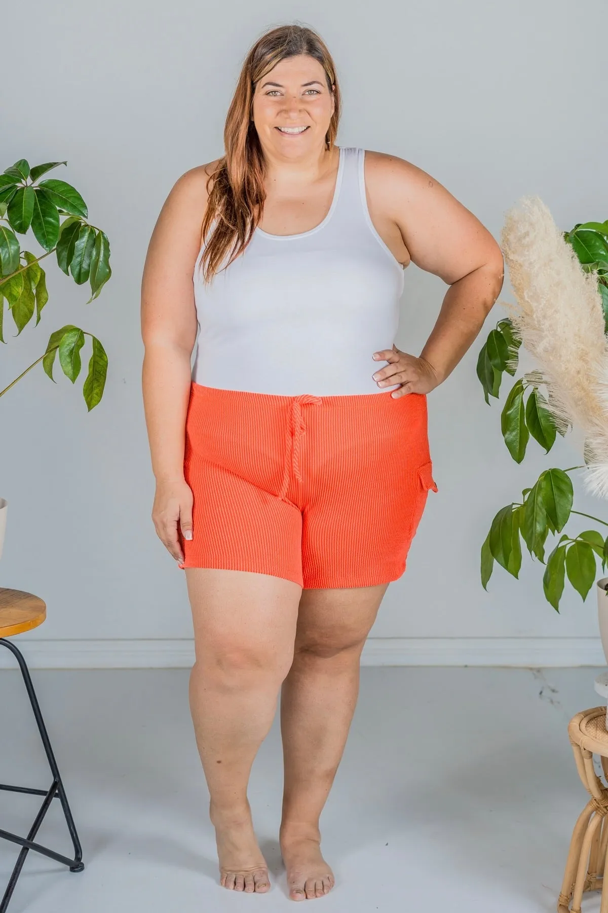 Neon Orange Pull-On Corded Cargo Shorts FINAL SALE