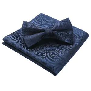 Paisley Pre-Tied Bow Tie & Pocket Square - 19 NAVY BLUE