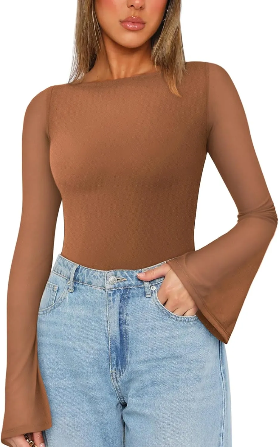 REORIA Women's Trendy Sexy Boat Neck Bell Sleeve Sheer Mesh Going Out Bodysuit Tops