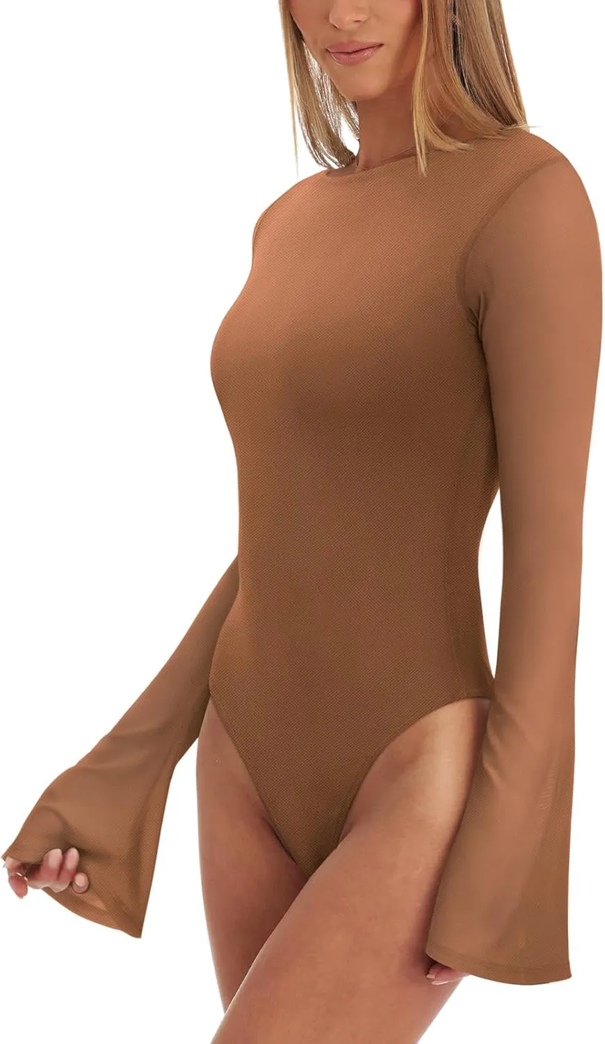REORIA Women's Trendy Sexy Boat Neck Bell Sleeve Sheer Mesh Going Out Bodysuit Tops