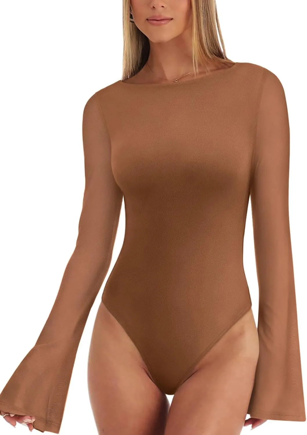 REORIA Women's Trendy Sexy Boat Neck Bell Sleeve Sheer Mesh Going Out Bodysuit Tops