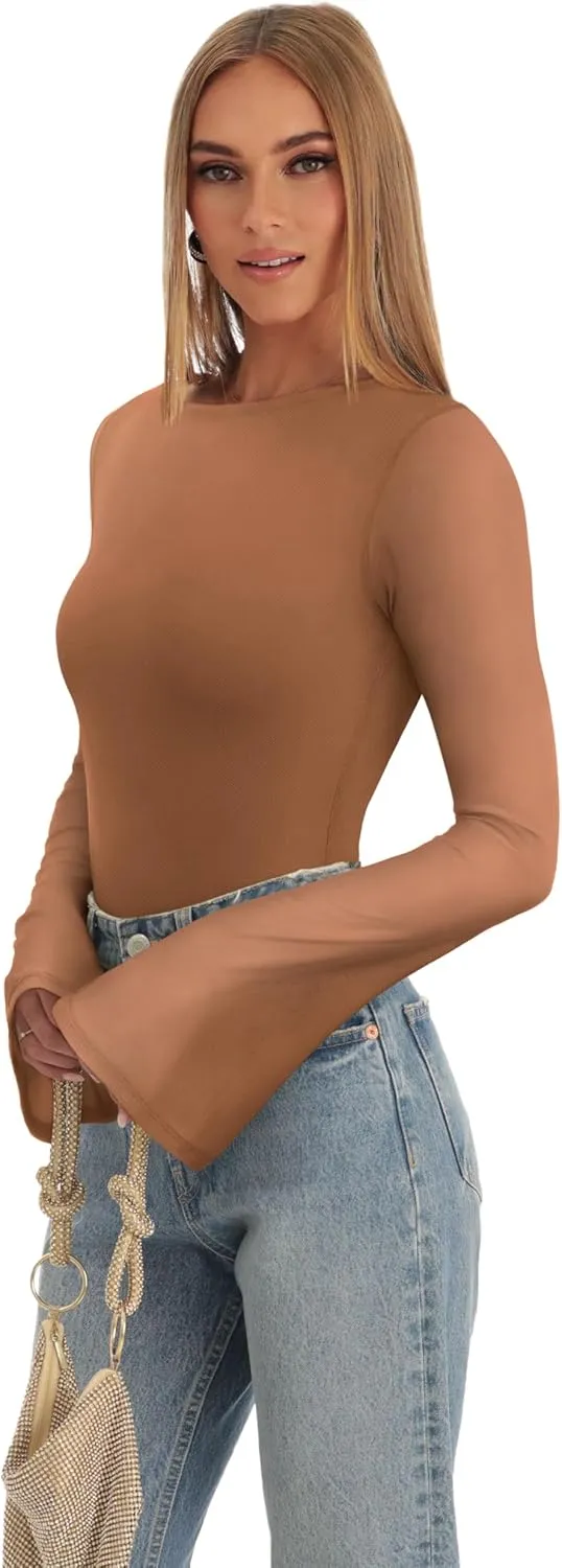 REORIA Women's Trendy Sexy Boat Neck Bell Sleeve Sheer Mesh Going Out Bodysuit Tops