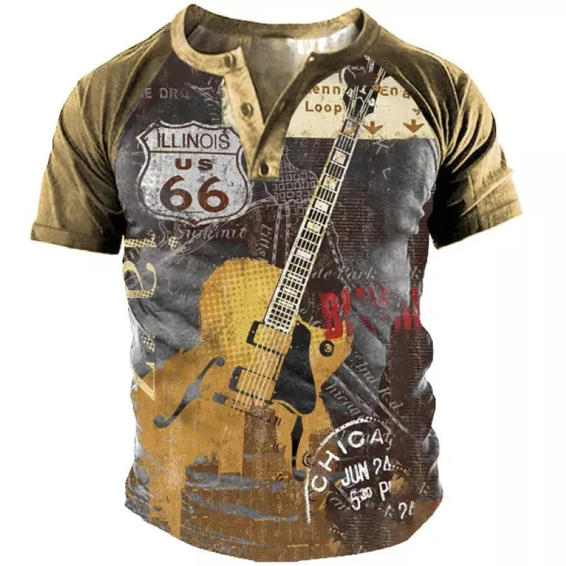 S214 Men's Vintage Outdoor Print Henley T-Shirt