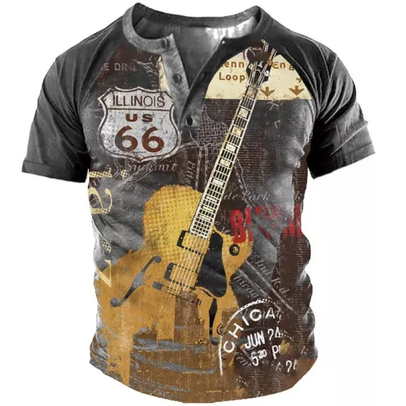 S214 Men's Vintage Outdoor Print Henley T-Shirt
