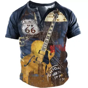 S214 Men's Vintage Outdoor Print Henley T-Shirt