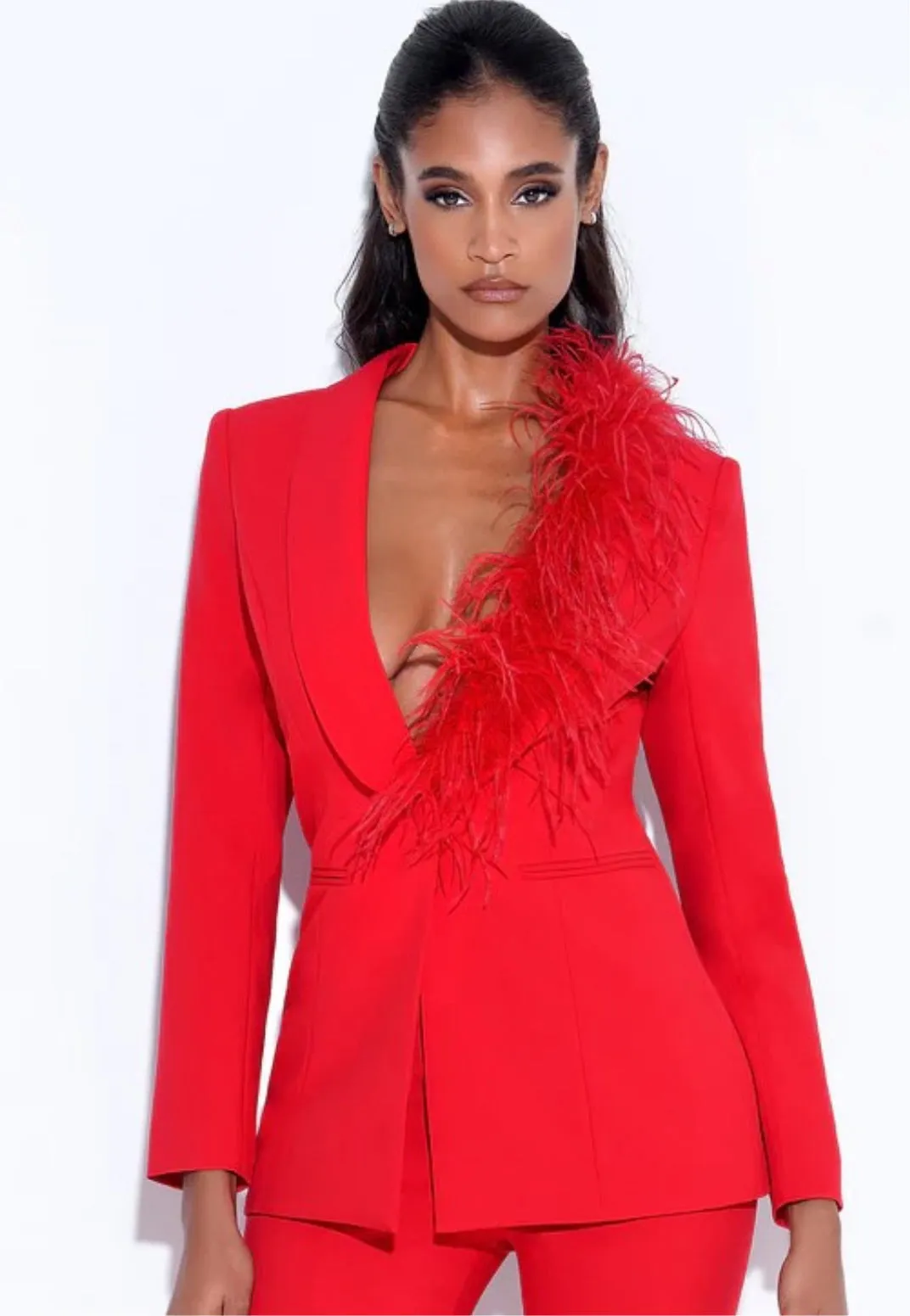 SUIT BLAZER WITH FEATHER TRIM