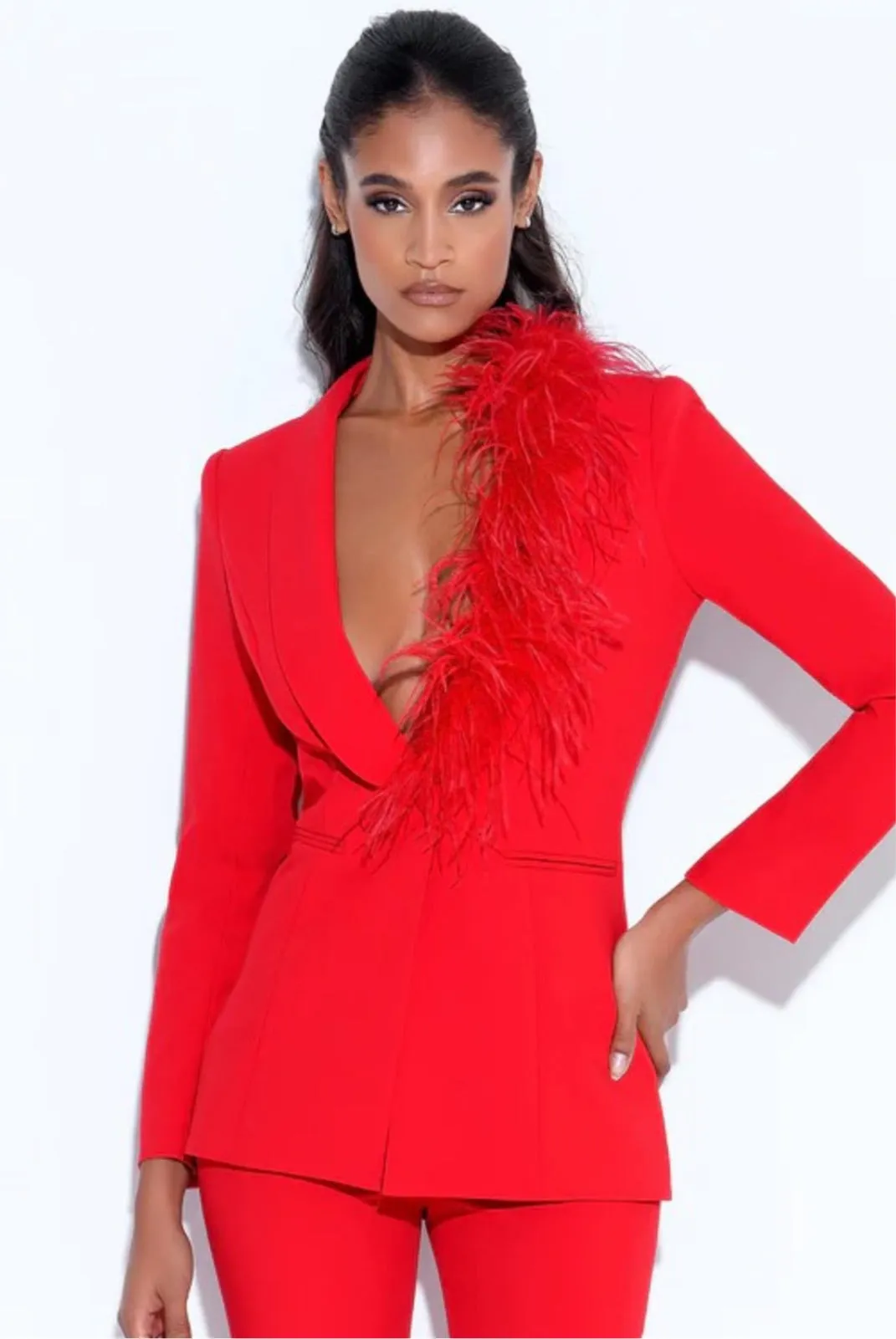 SUIT BLAZER WITH FEATHER TRIM